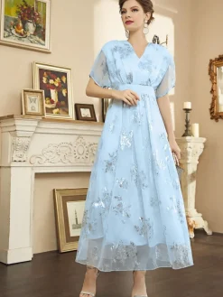 Sale Retro Stage 1940s Foil Stamping Mesh Patchwork Dress Light Blue