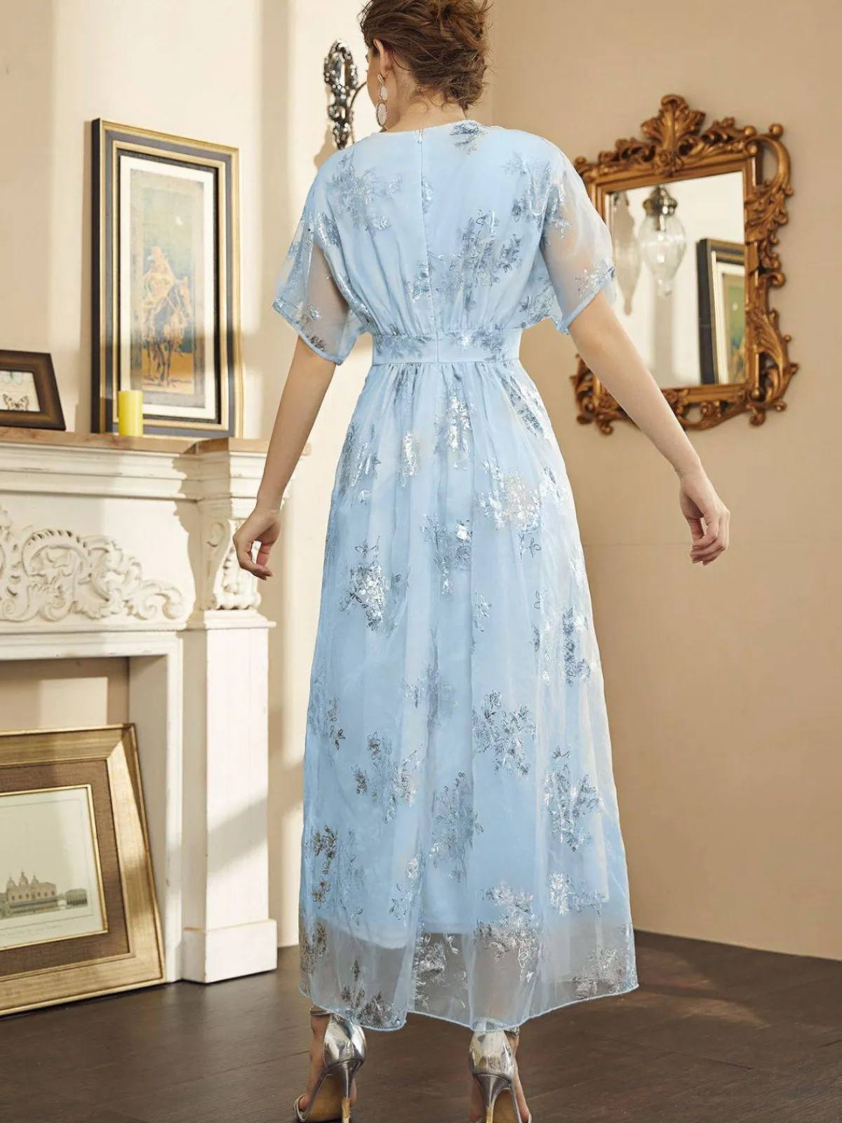 Sale Retro Stage 1940s Foil Stamping Mesh Patchwork Dress Light Blue