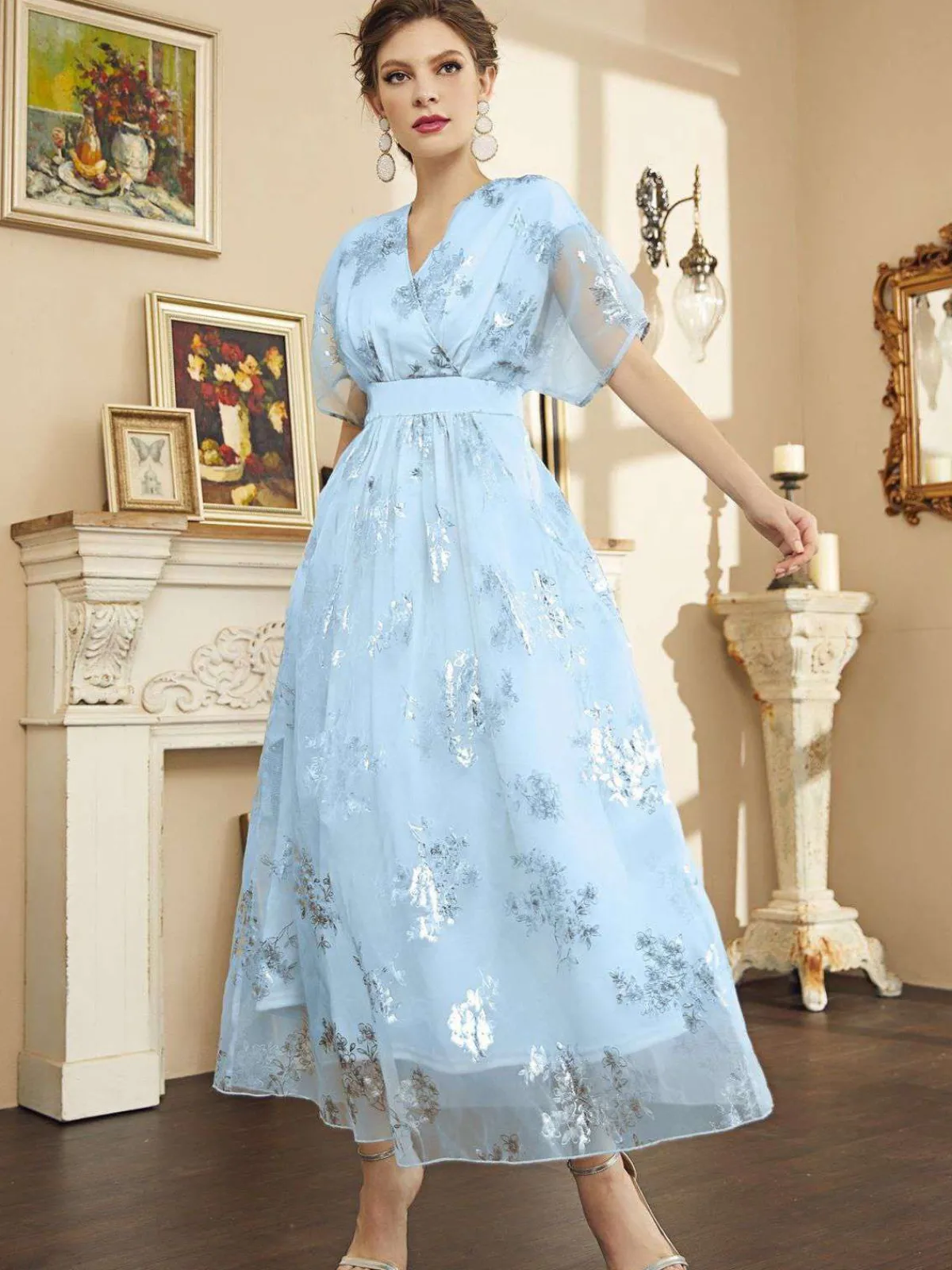 Sale Retro Stage 1940s Foil Stamping Mesh Patchwork Dress Light Blue
