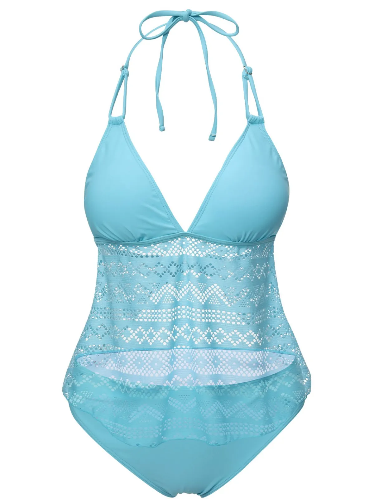 New Retro Stage 1930s Lace Hollow Halter Swimsuit Light Blue