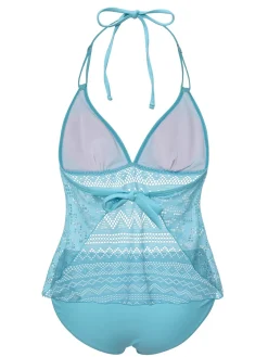 New Retro Stage 1930s Lace Hollow Halter Swimsuit Light Blue