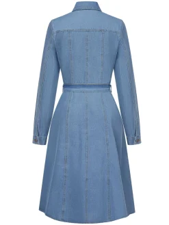 Clearance Retro Stage 1940s Lapel Denim Belted Dress Light Blue