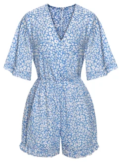 Discount Retro Stage 1950s Leopard V-Neck Flounce Sleeve Romper Light Blue