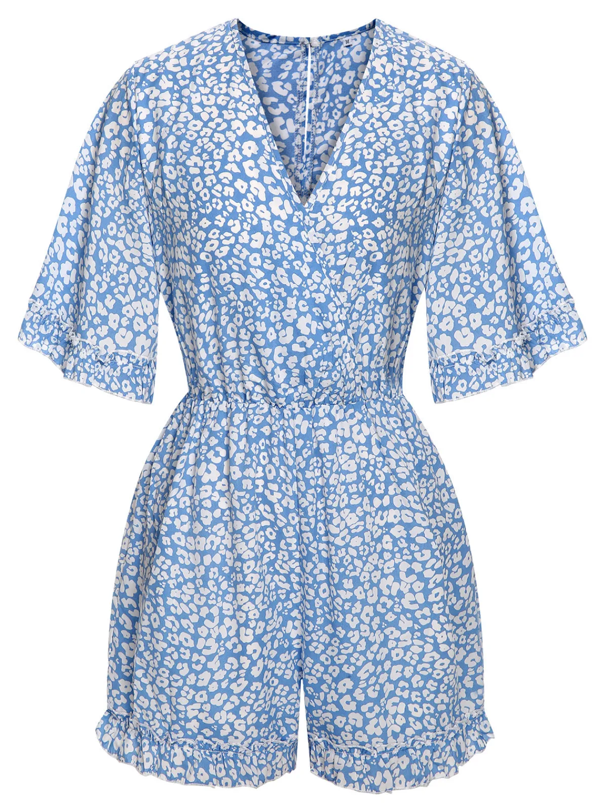 Discount Retro Stage 1950s Leopard V-Neck Flounce Sleeve Romper Light Blue