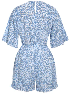 Discount Retro Stage 1950s Leopard V-Neck Flounce Sleeve Romper Light Blue