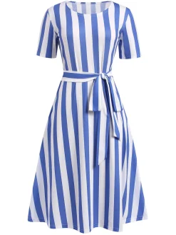 Outlet Retro Stage 1940s Nautical Striped Belted Dress Light Blue