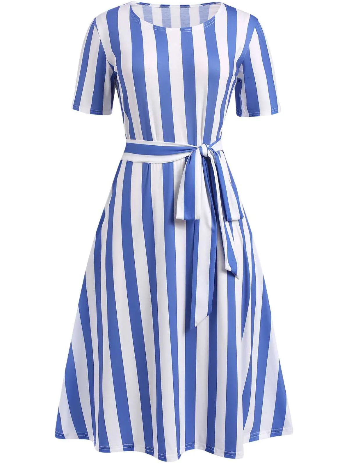 Outlet Retro Stage 1940s Nautical Striped Belted Dress Light Blue
