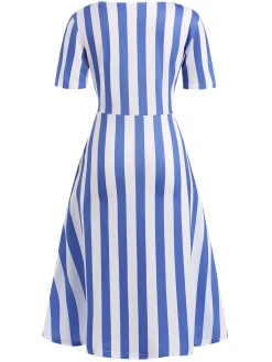 Outlet Retro Stage 1940s Nautical Striped Belted Dress Light Blue
