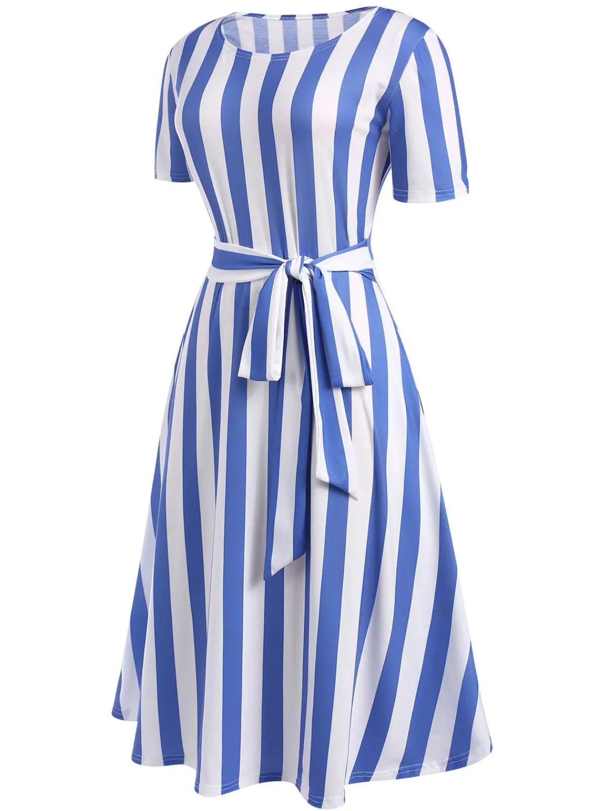 Outlet Retro Stage 1940s Nautical Striped Belted Dress Light Blue