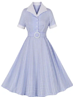 Sale Retro Stage 1950s Plaid Belt Lapel Dress Light Blue