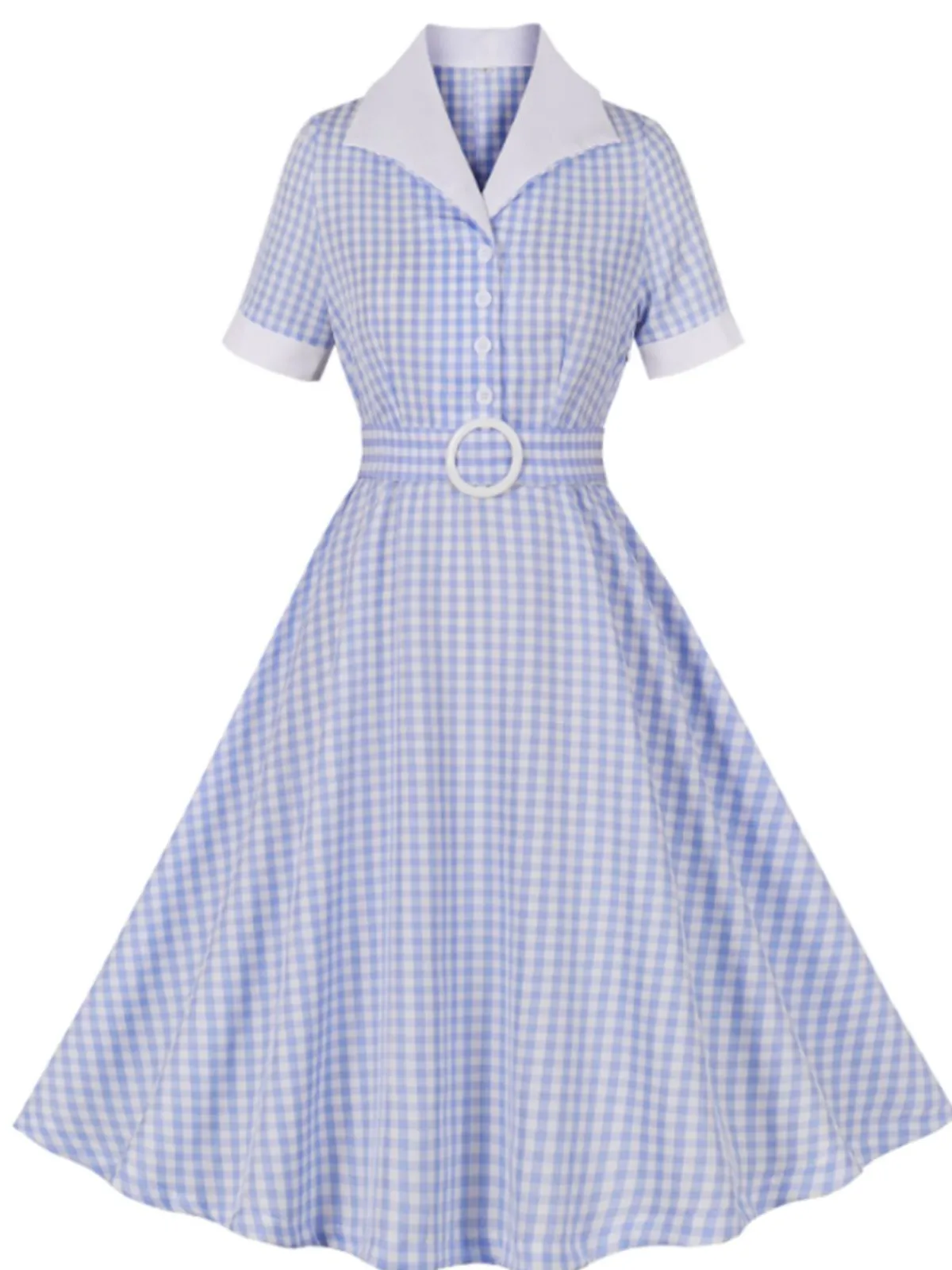 Sale Retro Stage 1950s Plaid Belt Lapel Dress Light Blue