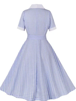 Sale Retro Stage 1950s Plaid Belt Lapel Dress Light Blue