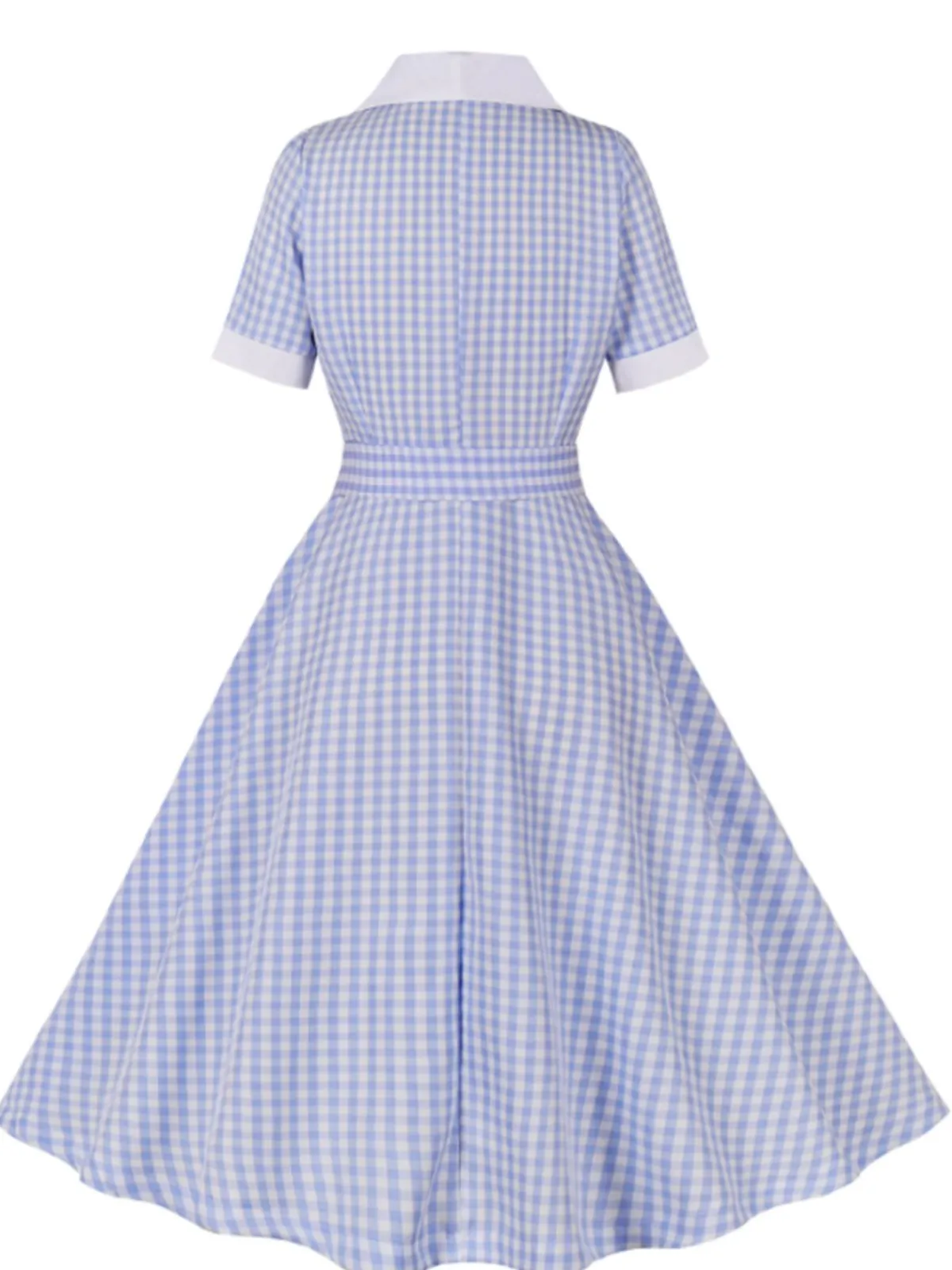 Sale Retro Stage 1950s Plaid Belt Lapel Dress Light Blue