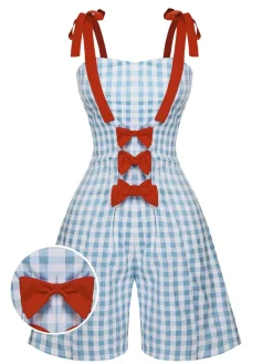 Outlet Retro Stage 1950s Plaid Camisole Romper Light Blue