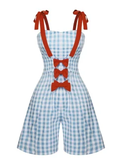 Outlet Retro Stage 1950s Plaid Camisole Romper Light Blue