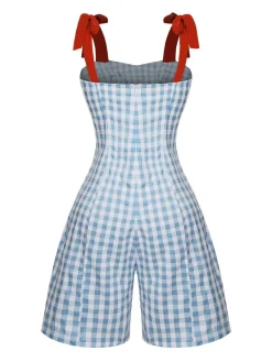 Outlet Retro Stage 1950s Plaid Camisole Romper Light Blue