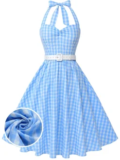 Sale Retro Stage Light 1950s Plaid Halter Swing Dress Blue