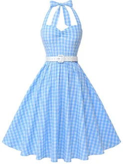 Sale Retro Stage Light 1950s Plaid Halter Swing Dress Blue
