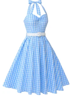 Sale Retro Stage Light 1950s Plaid Halter Swing Dress Blue