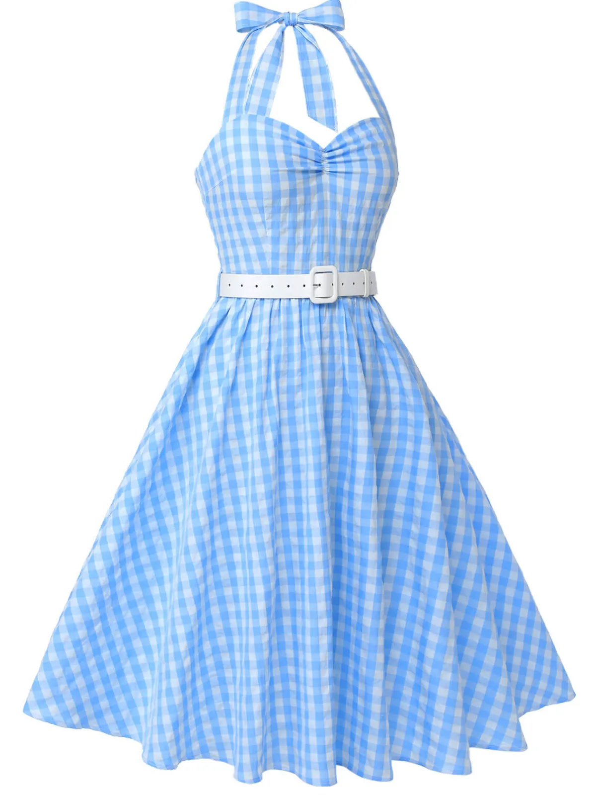 Sale Retro Stage Light 1950s Plaid Halter Swing Dress Blue