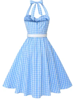 Sale Retro Stage Light 1950s Plaid Halter Swing Dress Blue