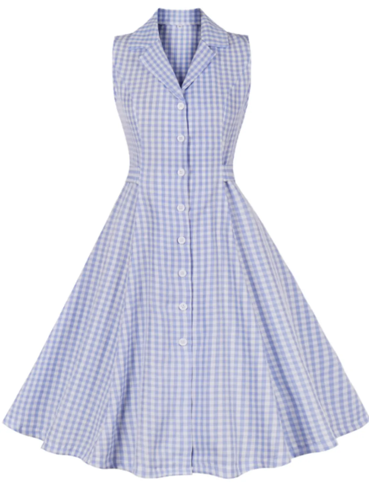 Fashion Retro Stage 1940s Plaid Lapel Sleeveless Dress Light Blue
