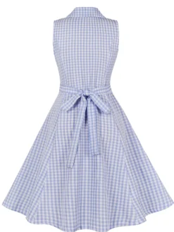 Fashion Retro Stage 1940s Plaid Lapel Sleeveless Dress Light Blue
