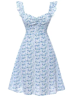 Best Retro Stage 1950s Ruffles Strap Ditsy Floral Dress Light Blue