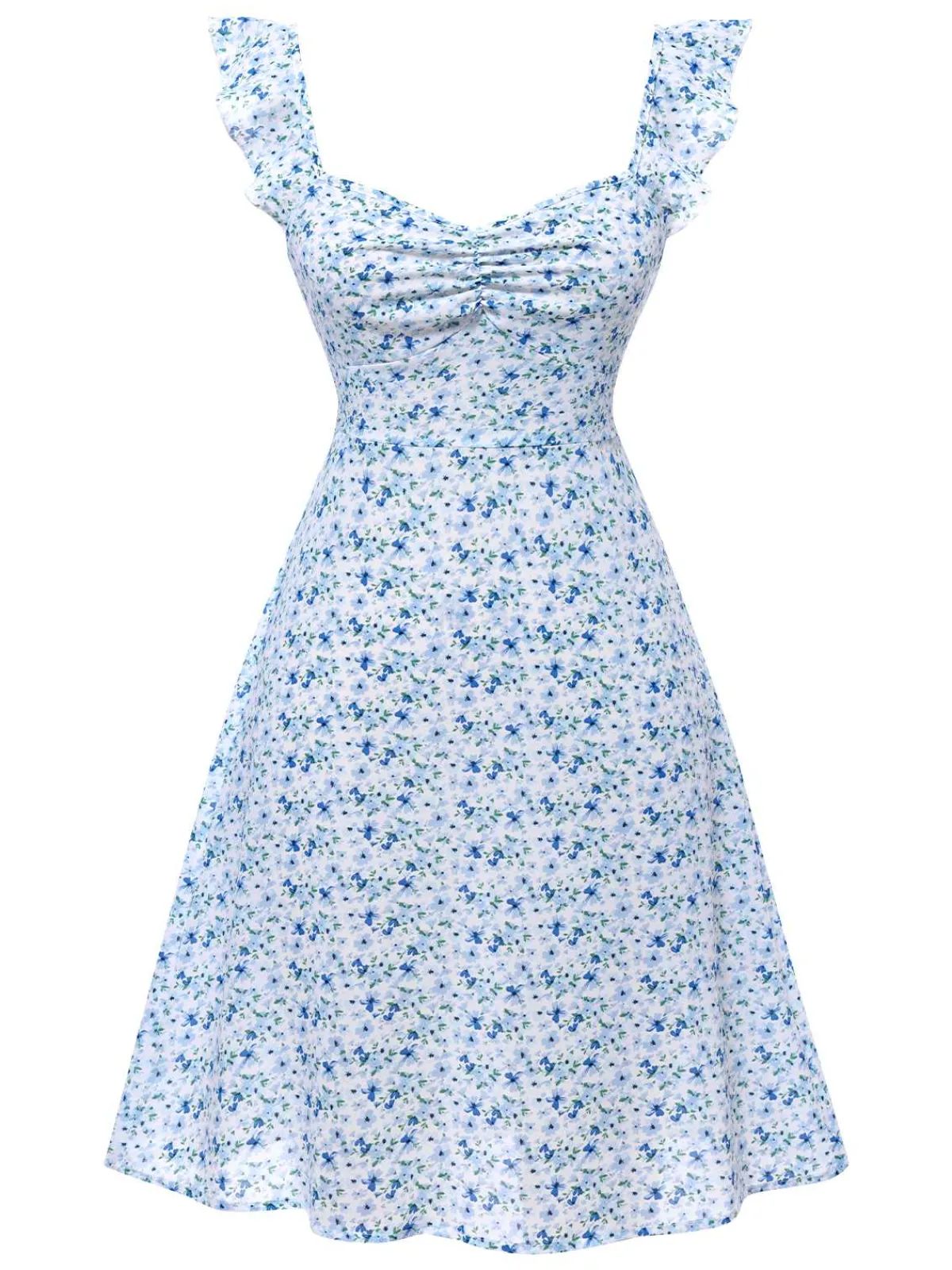 Best Retro Stage 1950s Ruffles Strap Ditsy Floral Dress Light Blue