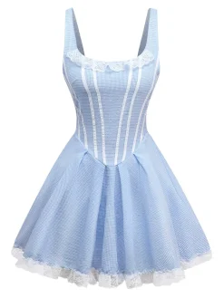 Hot Retro Stage 1950s Slip Gingham Lace Dress Light Blue