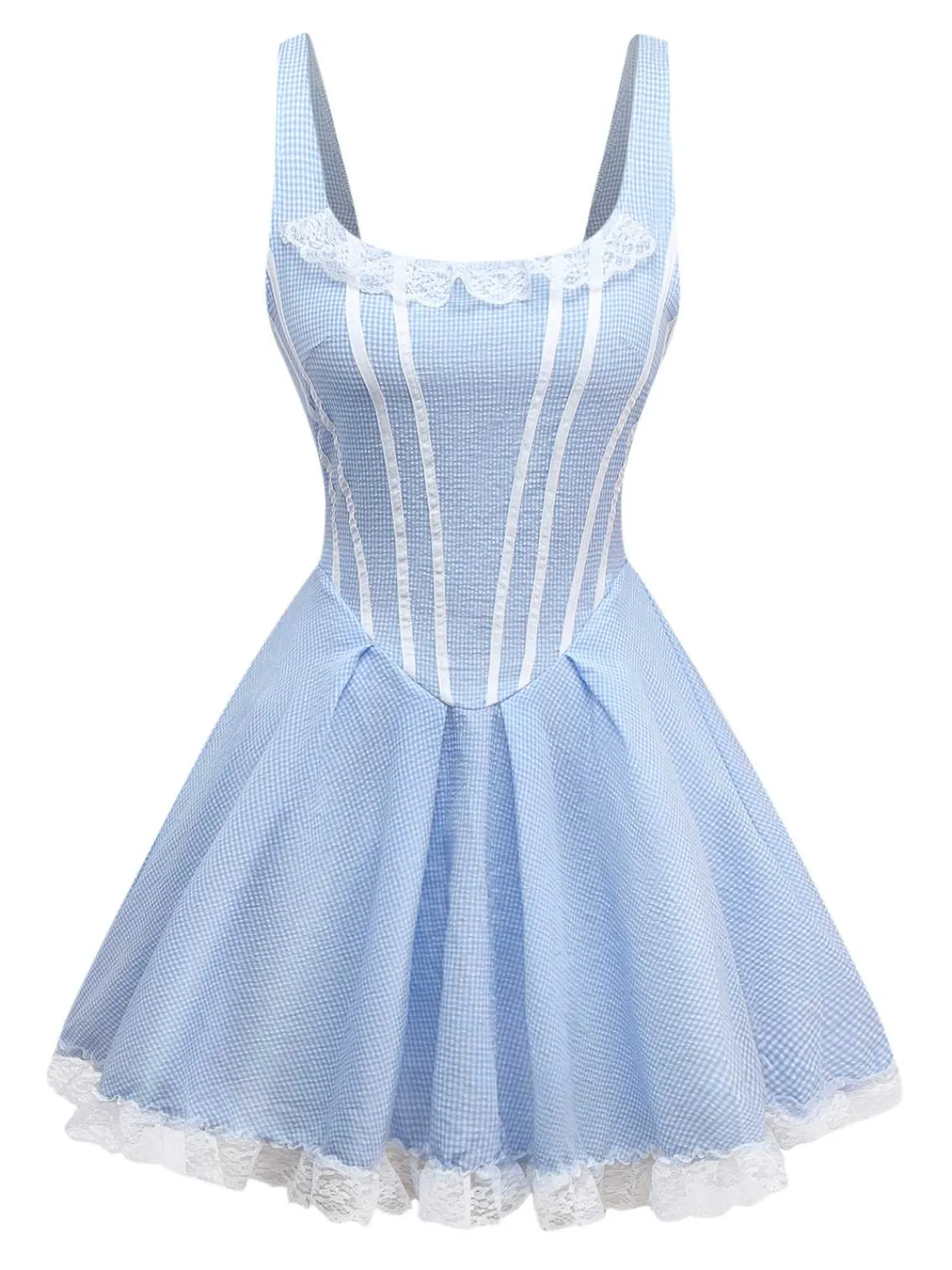 Hot Retro Stage 1950s Slip Gingham Lace Dress Light Blue