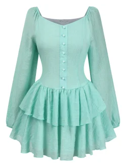 Discount Retro Stage 1960s Solid Layered Hem Chiffon Dress Light Blue