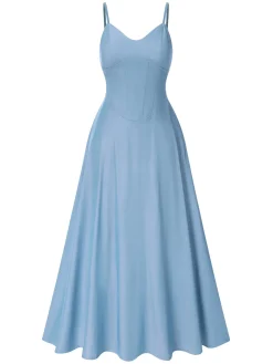 Online Retro Stage 1930s Solid Straps Cotton Dress Light Blue