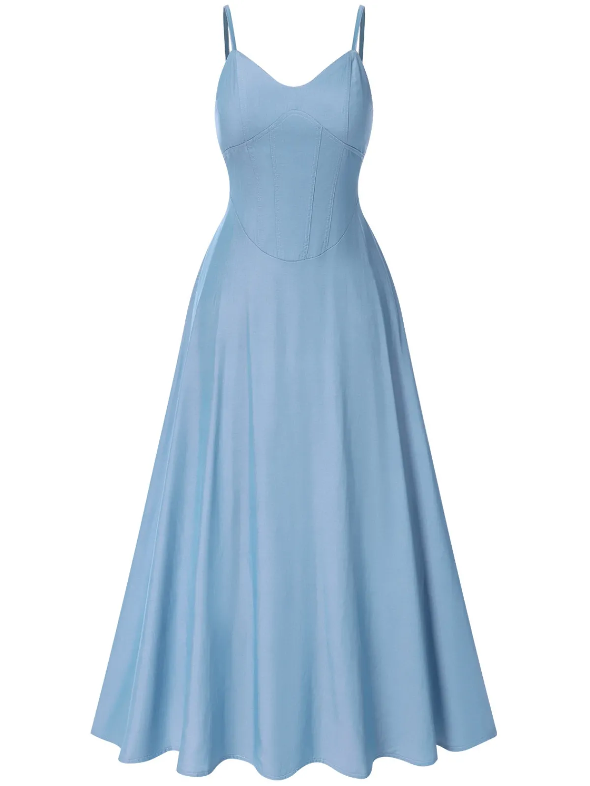 Online Retro Stage 1930s Solid Straps Cotton Dress Light Blue