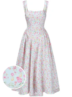 Online Retro Stage 1940s Square Neck Floral Dress Light Blue