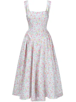 Online Retro Stage 1940s Square Neck Floral Dress Light Blue