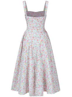 Online Retro Stage 1940s Square Neck Floral Dress Light Blue