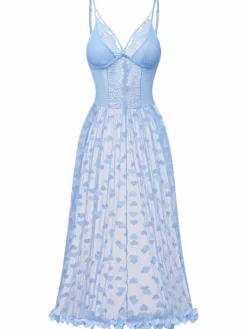 Outlet Retro Stage Light Blue 1930s Strap Lace Heart Nightgown
