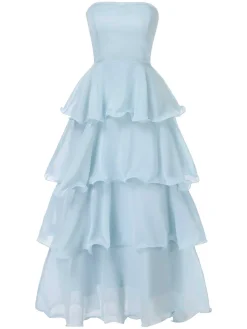 Outlet Retro Stage 1970s Strapless Layered Ruffles Dress Light Blue