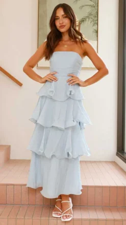 Outlet Retro Stage 1970s Strapless Layered Ruffles Dress Light Blue