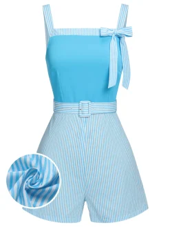 Best Retro Stage Light 1940s Stripe Wide Straps Romper Blue