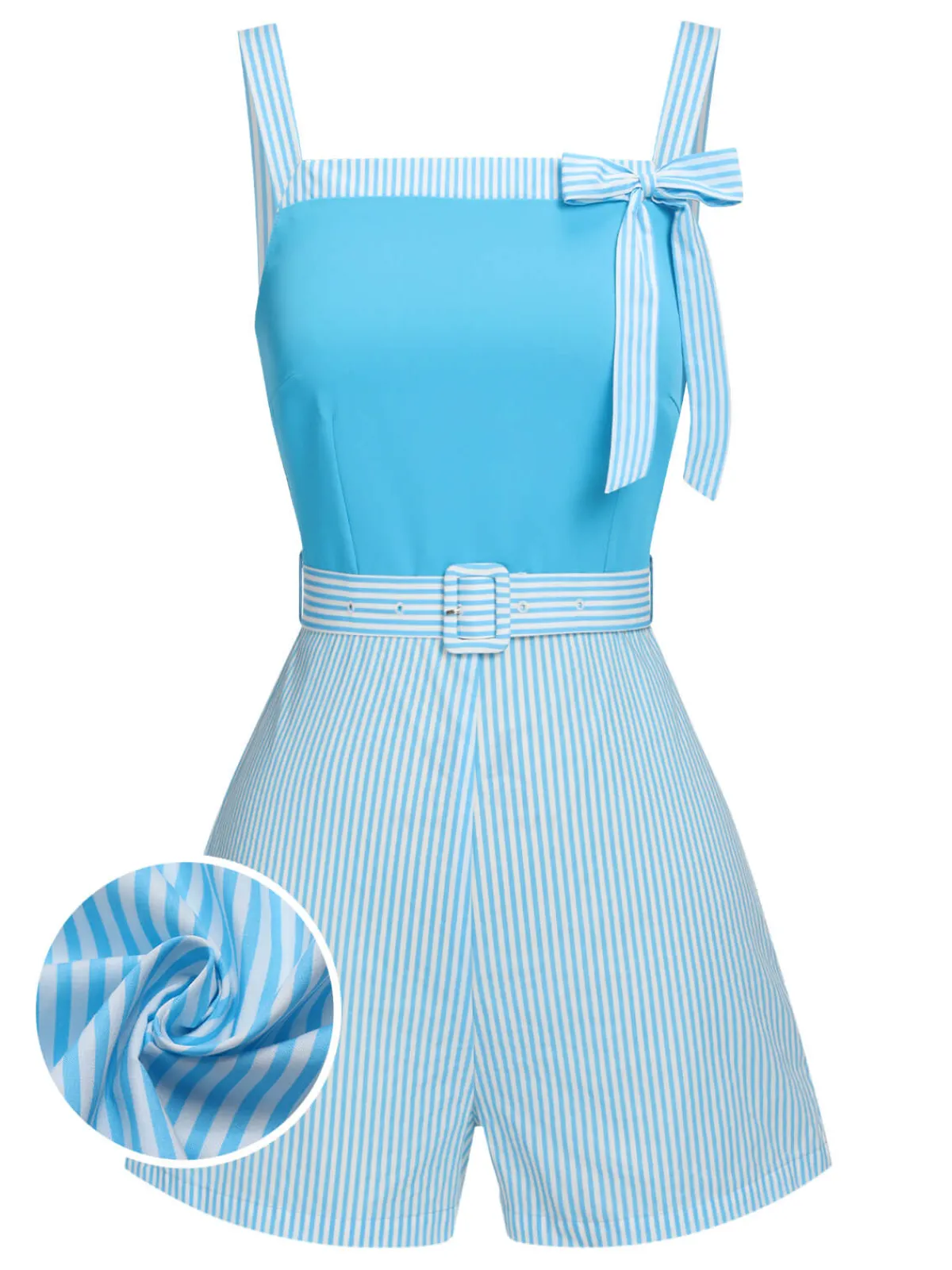 Best Retro Stage Light 1940s Stripe Wide Straps Romper Blue