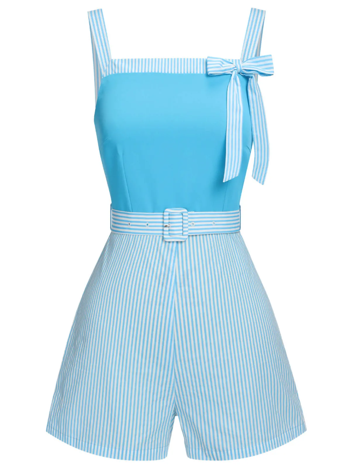 Best Retro Stage Light 1940s Stripe Wide Straps Romper Blue