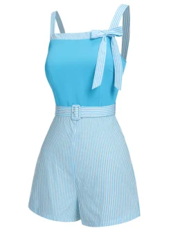 Best Retro Stage Light 1940s Stripe Wide Straps Romper Blue