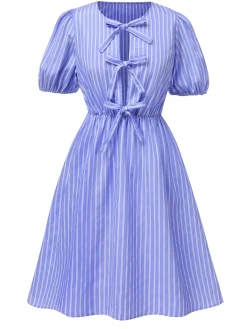 Fashion Retro Stage 1950s Striped Bow Lace-Up Dress Light Blue