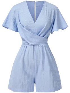 Online Retro Stage 1950s Textured Flare Sleeve Romper Light Blue