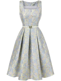 Discount Retro Stage 1950s Textured Floral Sleeveless Butterfly Dress Light Blue