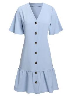 Sale Retro Stage 1970s V-Neck Ruffle Hem Dress Light Blue