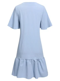 Sale Retro Stage 1970s V-Neck Ruffle Hem Dress Light Blue