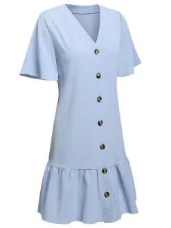 Sale Retro Stage 1970s V-Neck Ruffle Hem Dress Light Blue